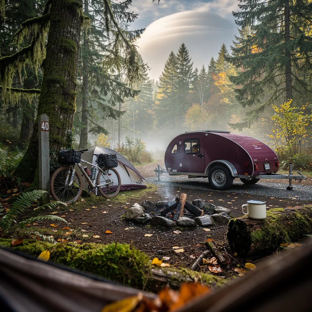 A misty rainforest campsite sits on damp, mossy ground with fallen autumn leaves. A plum teardrop trailer rests on a small gravel pad, while a bike leans by a tree near a low tent. A wooden sign says “40,” and a metal mug sits on a log beside a fire ring with a little smoke. High above, a smooth, strange cloud hangs in the partly cloudy sky.