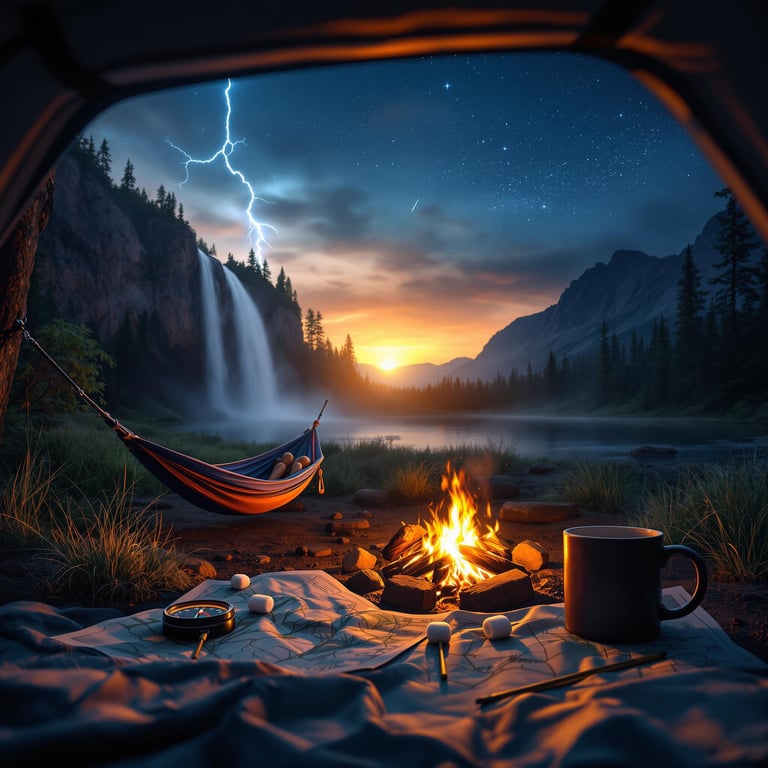 This cozy campsite sits by a rushing waterfall and a calm river, with tall mountains and trees all around. A warm campfire glows under a starry sky, and lightning lights up the clouds while marshmallows wait to be roasted. It feels peaceful and full of adventure.