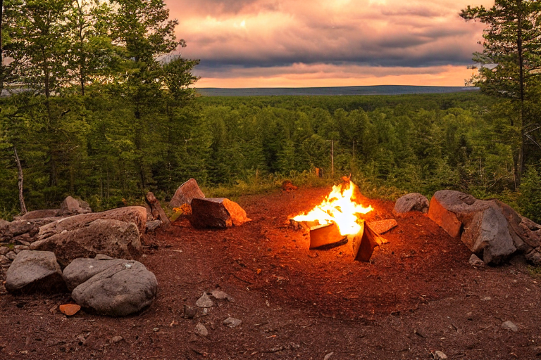 A brown tent rests beside a warm campfire on a dirt clearing in the woods. Tall trees, mossy boulders, and a winding hiking path surround the campsite as storm clouds gather overhead.