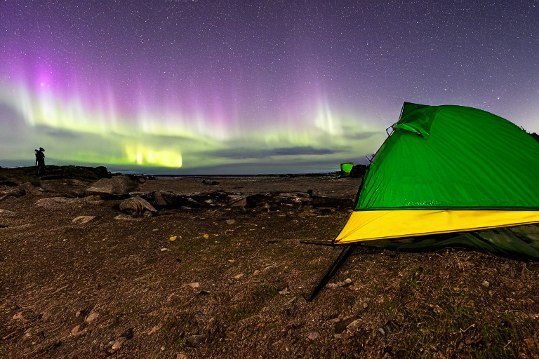 A green camo tent rests on a dirt patch beside a paved beach campsite. Waves roll nearby as hikers explore the shore, while camping gear and a backpack sit by the tent. Above, cloudy skies glow with colorful northern lights and a distant moon.