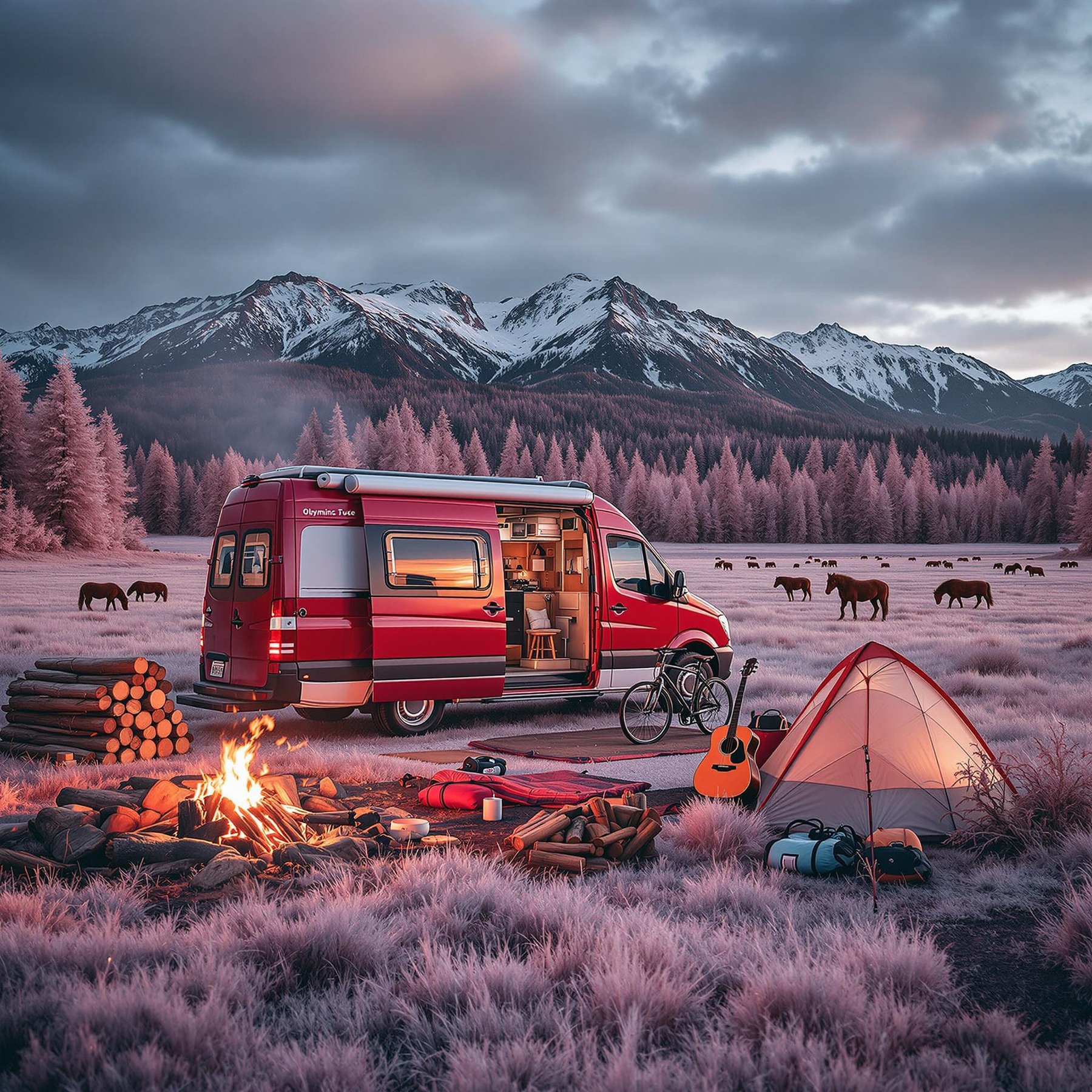 Camp by a cozy fire with a bright red van and tent, surrounded by soft pink grass and wild horses. Snowy mountains rise in the background, making the whole scene feel magical and calm. Enjoy nature with music, a bike ride, and a beautiful sunset.