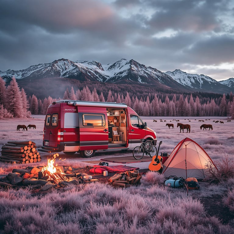 Camp by a cozy fire with a bright red van and tent, surrounded by soft pink grass and wild horses. Snowy mountains rise in the background, making the whole scene feel magical and calm. Enjoy nature with music, a bike ride, and a beautiful sunset.