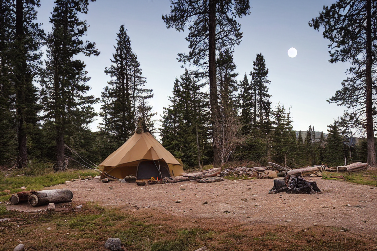 A tan tent rests beside a snowy creek at a paved campsite. Boulders, a parking spot, and a large log sit near the campfire, while a pale moon hangs in the open sky.