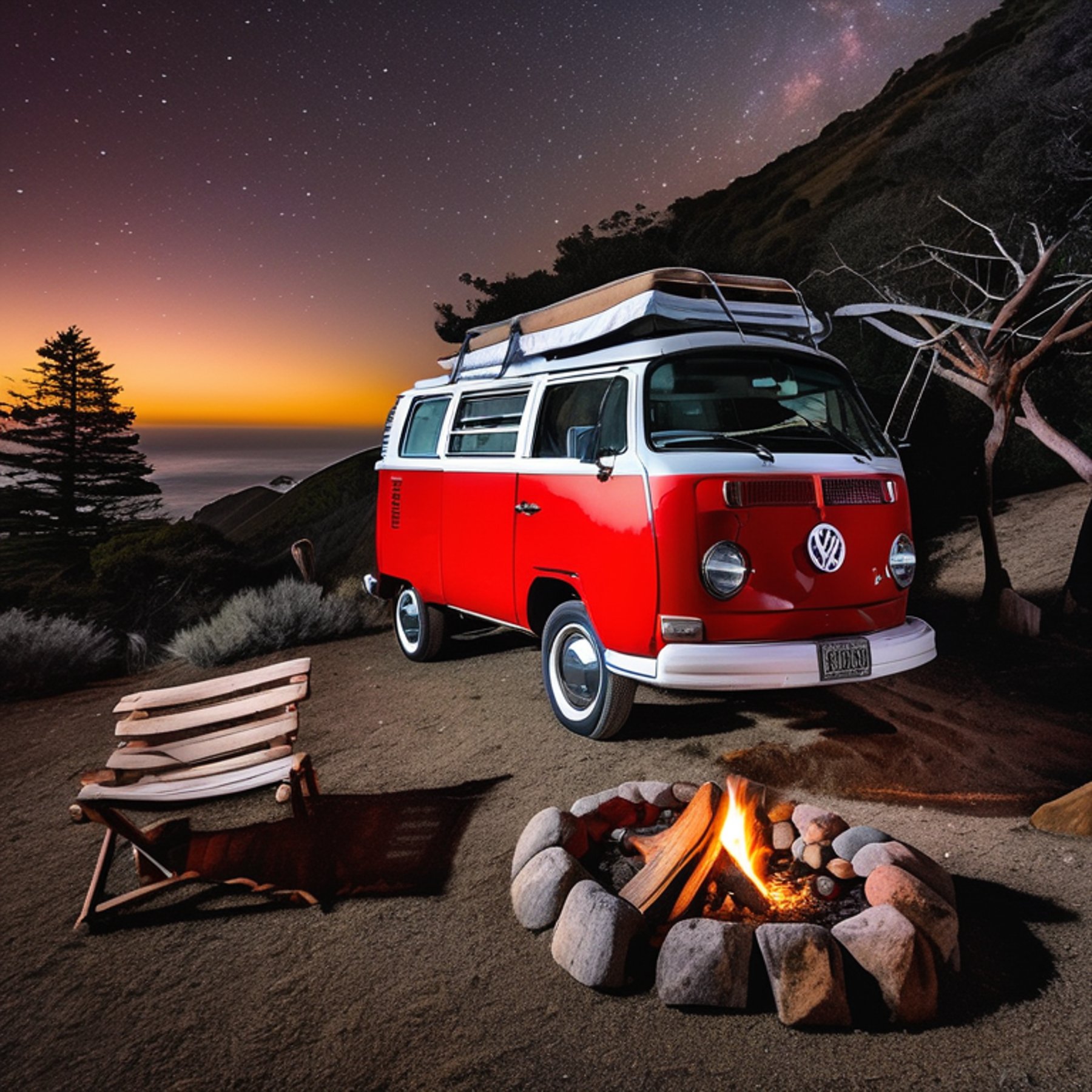 A red-and-white campervan rests beside a warm campfire under a star-filled sky. Snow dusts the ground and nearby trees, while camping chairs, a hammock, and a wooden guitar make the spot feel cozy.