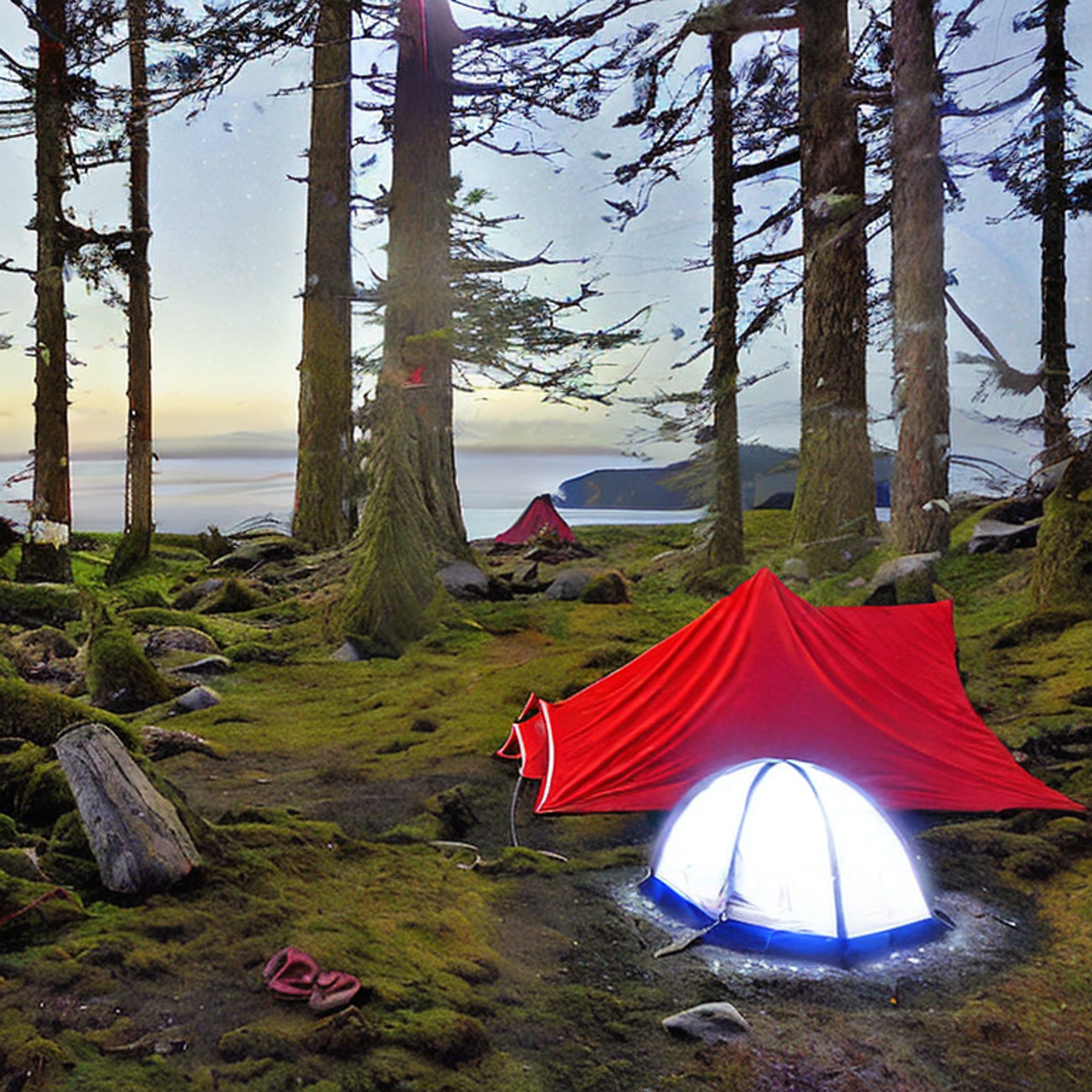 A bright red tent rests beside a warm campfire on a snowy dirt clearing. Mossy trees, small evergreens, and boulders surround the campsite on Vancouver Island. Hikers enjoy the quiet night beneath a sky full of stars.