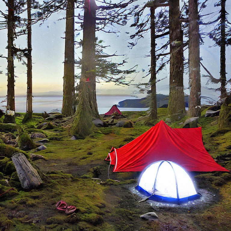 A bright red tent rests beside a warm campfire on a snowy dirt clearing. Mossy trees, small evergreens, and boulders surround the campsite on Vancouver Island. Hikers enjoy the quiet night beneath a sky full of stars.