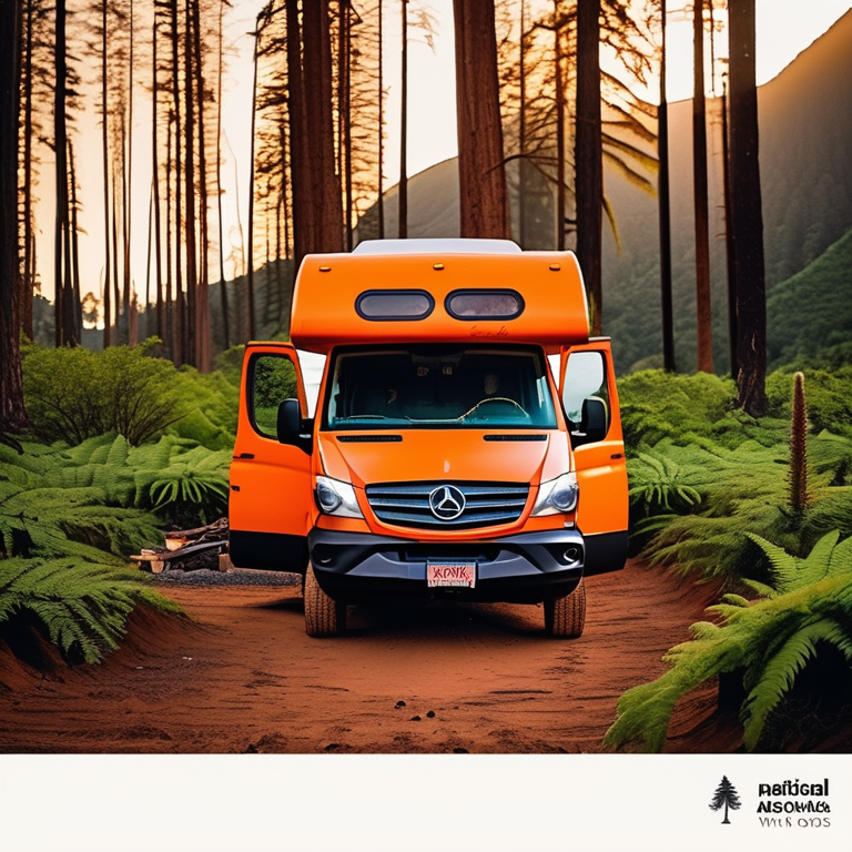 An orange camper van rests on a rough dirt patch surrounded by lush ferns in Hawaii. Nearby, a stone-ringed campfire glows beside scattered logs as dusk settles over the peaceful campsite.