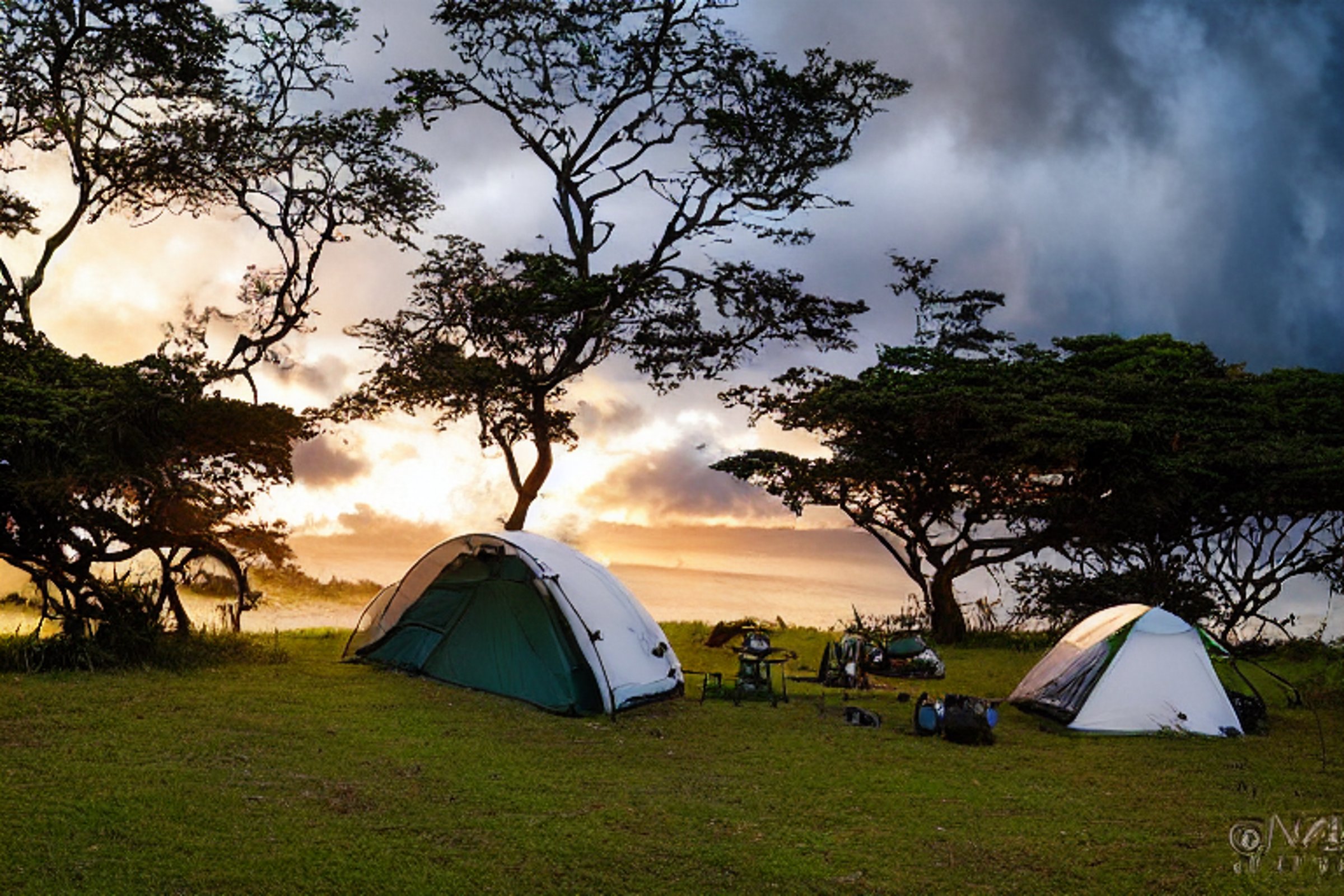 A forest-green tent rests on a paved campsite in Hawaii, surrounded by tall trees and thick bushes. Stormy sunset clouds fill the sky, while a dirt patch and fallen twig add a wild touch. Far away, surfers enjoy the nearby waves.