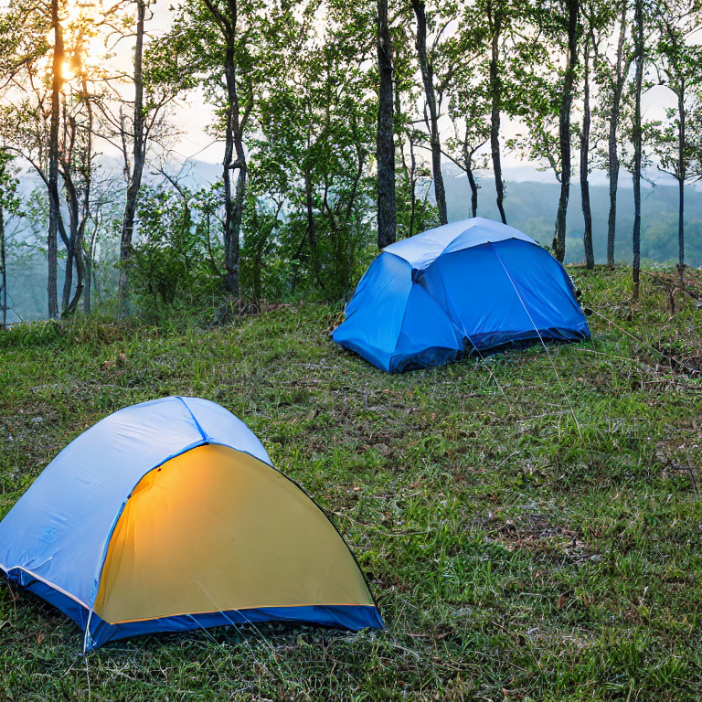 A bright blue tent rests beside a paved campsite in the Ozark hills. Soft sunrise light shines through the fog, with tall grass, distant mountains, and a small lantern nearby.