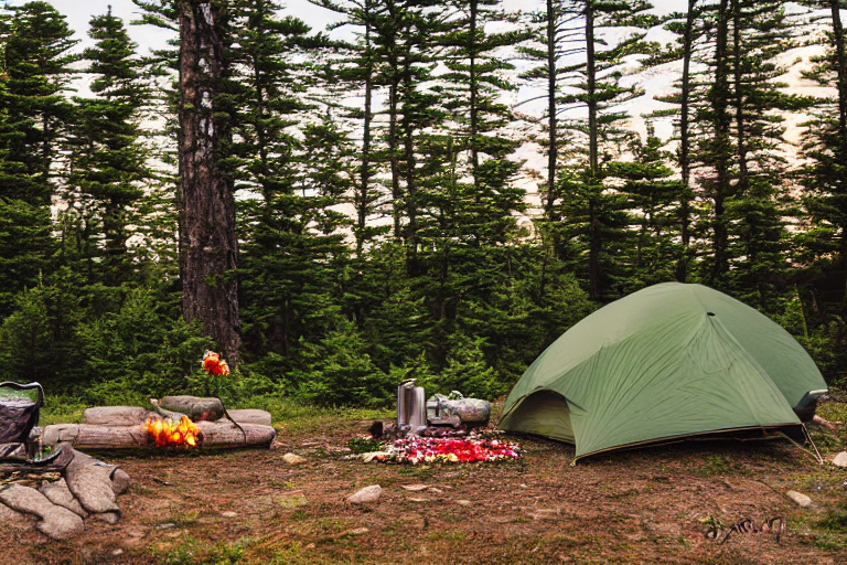 A green camo tent rests beside a warm campfire in Acadia National Park. Fog drifts through the bushes, while wildflowers and berry-covered branches surround the dirt campsite. A wooden guitar lies nearby, ready for an evening song.