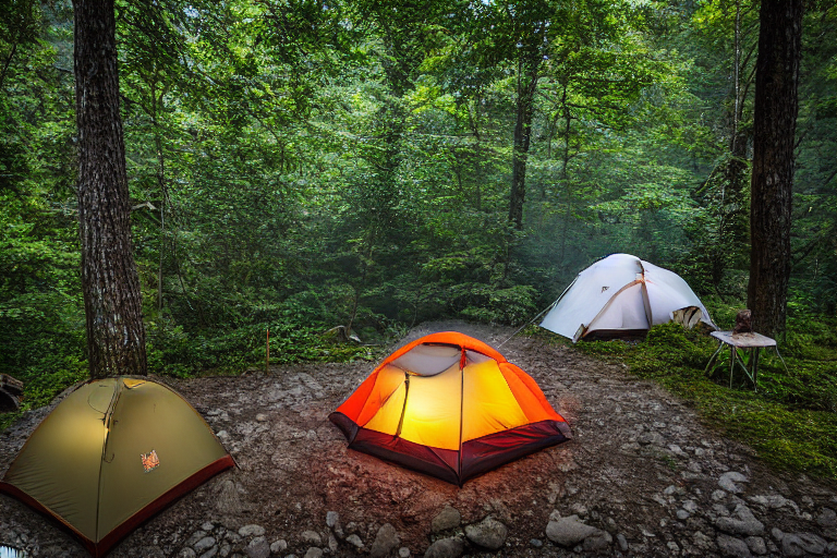 A tan tent rests beside a rocky stream in the misty Smoky Mountains. Bushes surround the paved campsite, while a small lantern casts a warm glow on the ground.