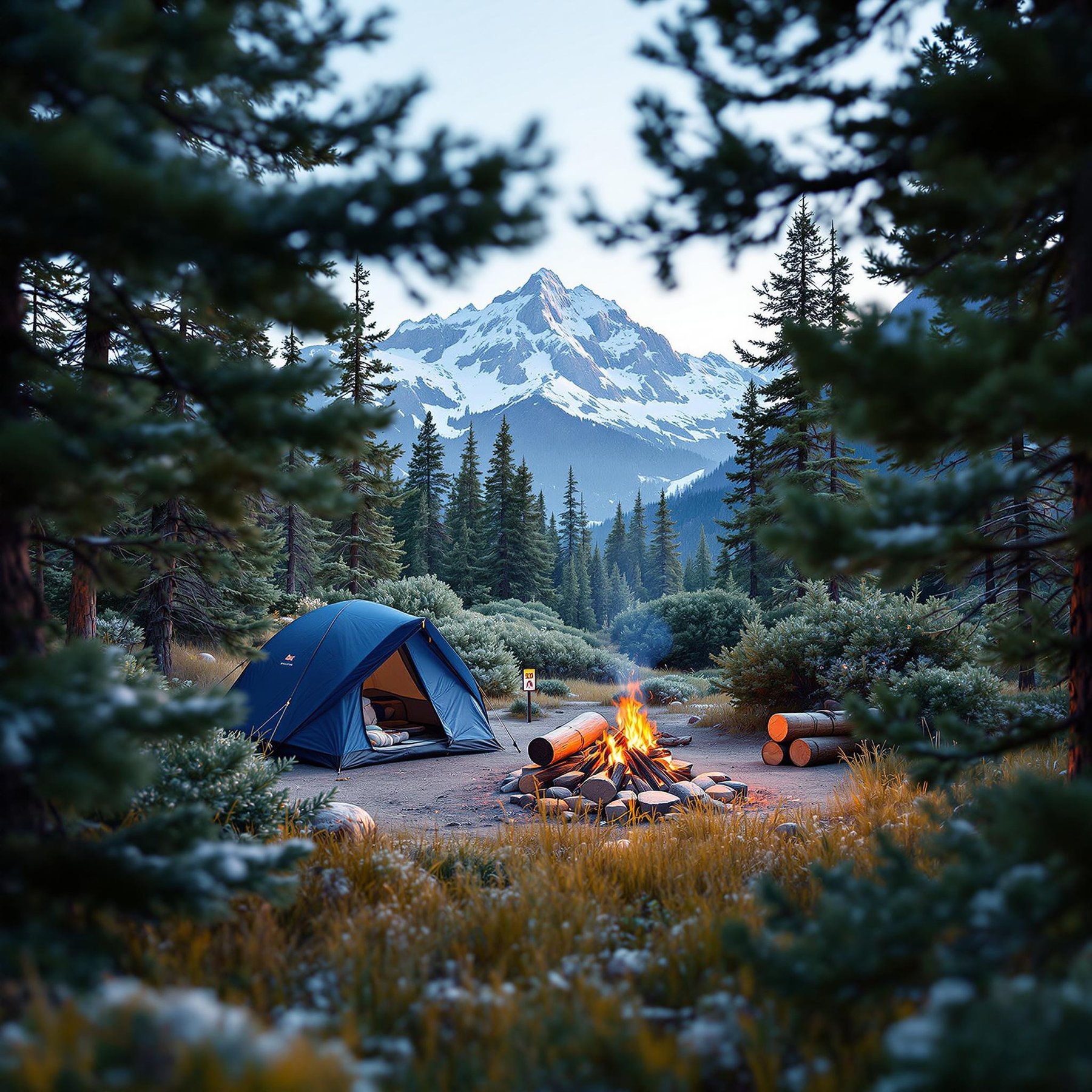 Nestled among tall pine trees, this cozy campsite sits under a majestic snowy mountain. A bright campfire crackles beside a snug tent, filling the air with warmth. Nature's beauty surrounds you with peaceful, green wilderness.