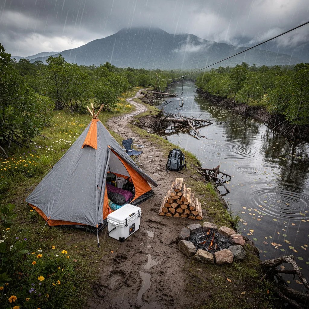 A gray-and-orange tepee sits on a small dry rise in a rainy mangrove swamp, beside a shallow tidal stream. Wet roots twist over the muddy path, and puddles ripple as soft mist hides the faraway mountains. A cooler, a neat stack of firewood, and a stone-ring campfire make the camp feel cozy in the storm.