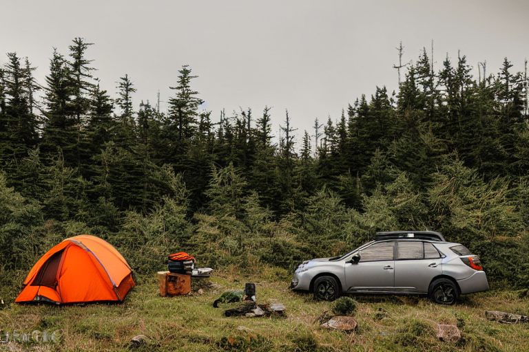 A gray and orange Subaru rests beside a cozy rooftop tent on the rainy Maine coast. Ferns and large stone slabs surround the dirt campsite, while a small campfire glows among the stones. A backpack sits nearby, ready for adventure.