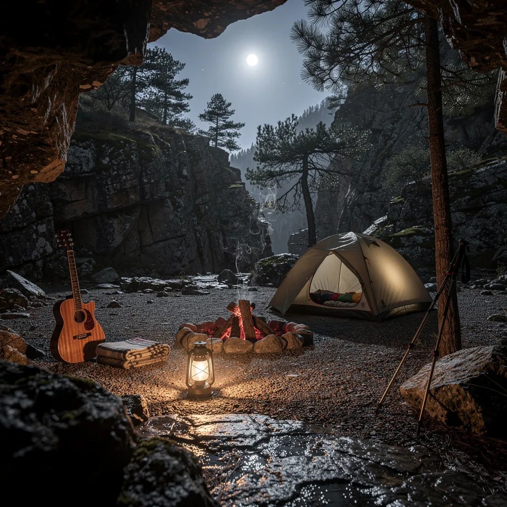 A rocky cave opens to a quiet campsite under a bright full moon. A khaki tent sits on gravel near a small fire with glowing embers, and a lantern shines warm light on the damp stones. A guitar and blanket rest nearby, while tall cliffs and a few pine trees stand in the misty night air. Far away, storm clouds flash with lightning on the horizon.