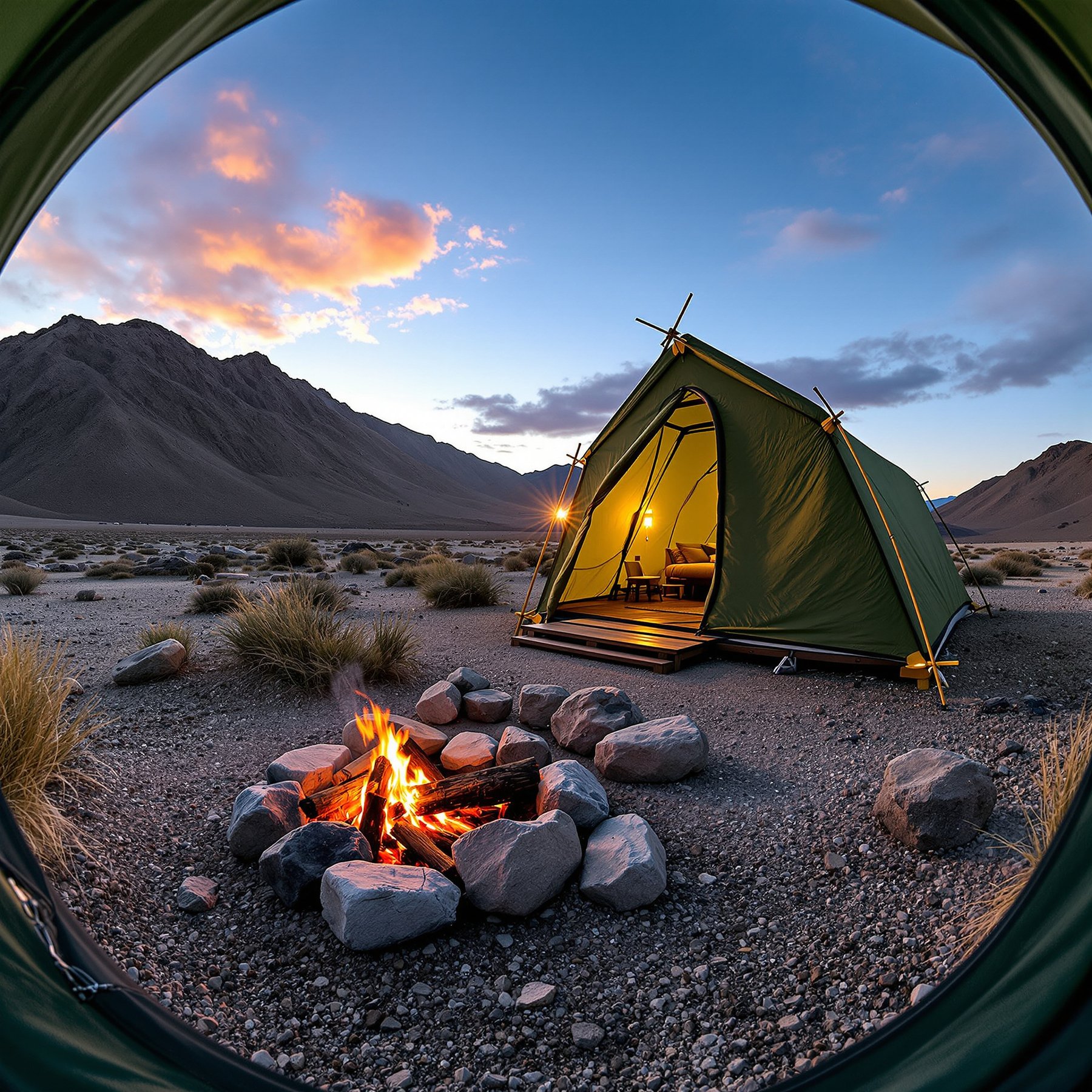 A cozy tent glows in the evening light, nestled between rocky mountains and soft desert grass. A warm campfire crackles nearby, perfect for sharing stories under the colorful sunset sky. This campsite feels peaceful and full of adventure.