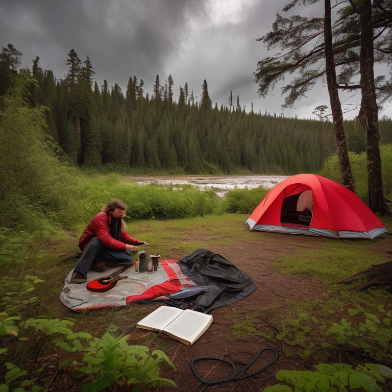A red-and-white tent rests beside a small stream in an overgrown forest. A wooden guitar lies on the ground, while a distant camper shines a flashlight under the stormy sky.