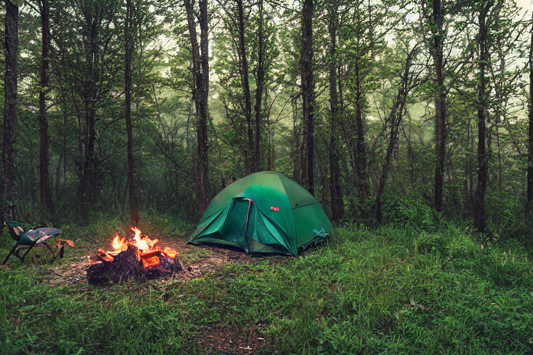A forest-green tent rests on a dirt clearing in the misty Ozark woods. A warm campfire glows among the logs as sunrise lights the trees, with berry bushes nearby.