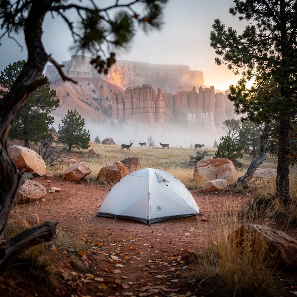 A white tent sits in a quiet clearing as soft fog rolls through the canyon. Faint red-orange rock spires rise in the mist, with dry grass and fallen leaves underfoot. Pinyon and juniper branches frame the scene, and tiny deer graze far away in the meadow.
