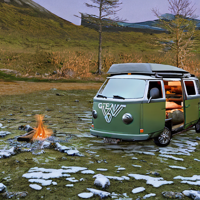 A green camo camper van rests beside a warm campfire in a snowy Norwegian campsite. Large stones and logs surround the fire, while a distant moon hangs over the quiet mountain landscape. Soft sunrise light gives the scene a peaceful glow.