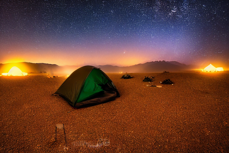A cozy tent glows beside a crackling campfire in a foggy Death Valley campsite. Fall-colored trees, boulders, and a star-filled sky surround the dirt clearing, with camping gear and clothes hanging nearby.