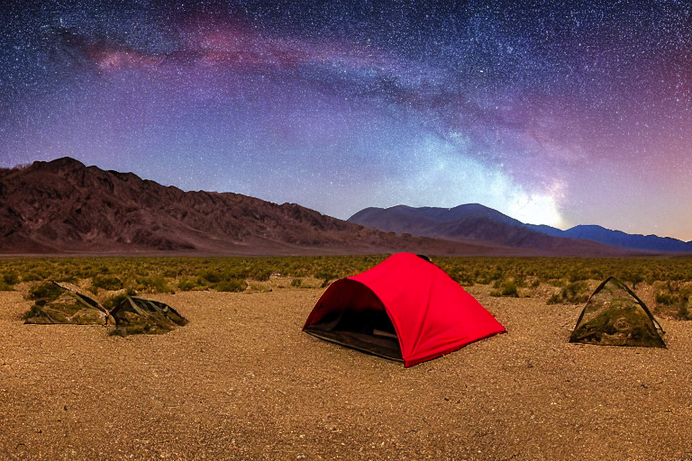 A bright red tent rests on a dirt clearing in Death Valley beneath a starry, rainy sky. Rolling hills, tall grass, and large stone slabs surround the campsite, with a backpack nearby.