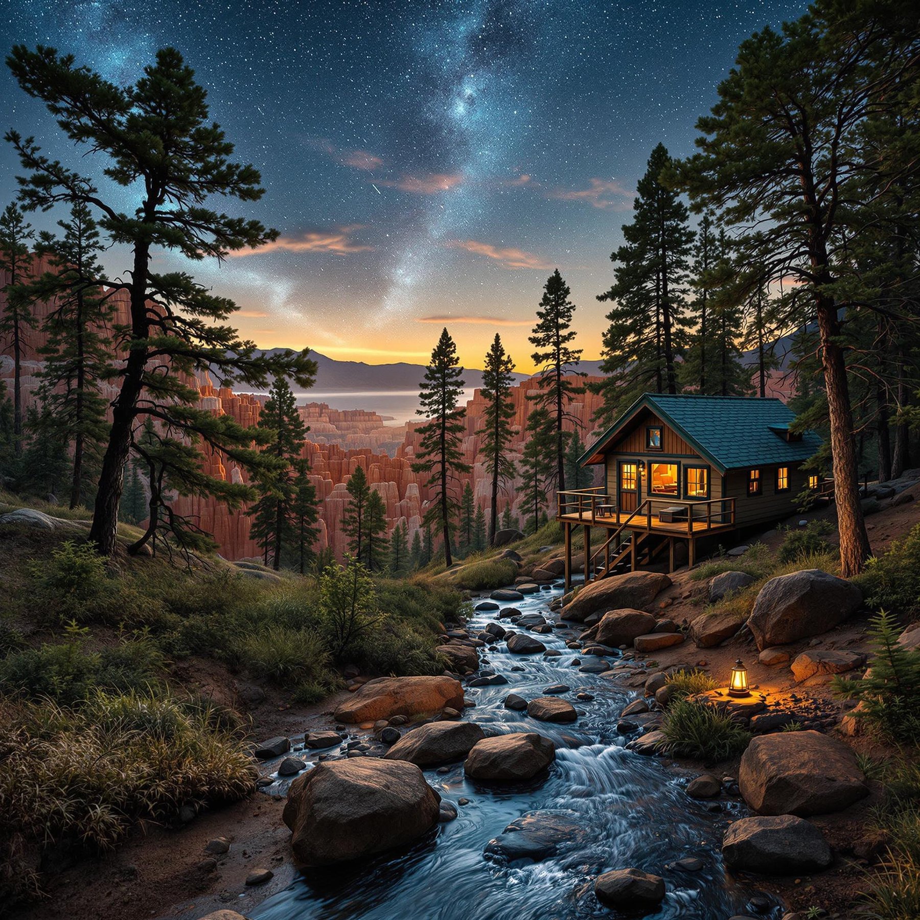 Nestled among towering trees, a cozy cabin overlooks a sparkling stream that winds through the forest. The night sky twinkles with stars, creating a magical and peaceful atmosphere. Perfect for stargazing and listening to the soothing sound of flowing water.