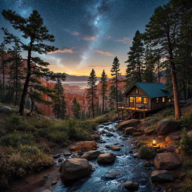 Nestled among towering trees, a cozy cabin overlooks a sparkling stream that winds through the forest. The night sky twinkles with stars, creating a magical and peaceful atmosphere. Perfect for stargazing and listening to the soothing sound of flowing water.