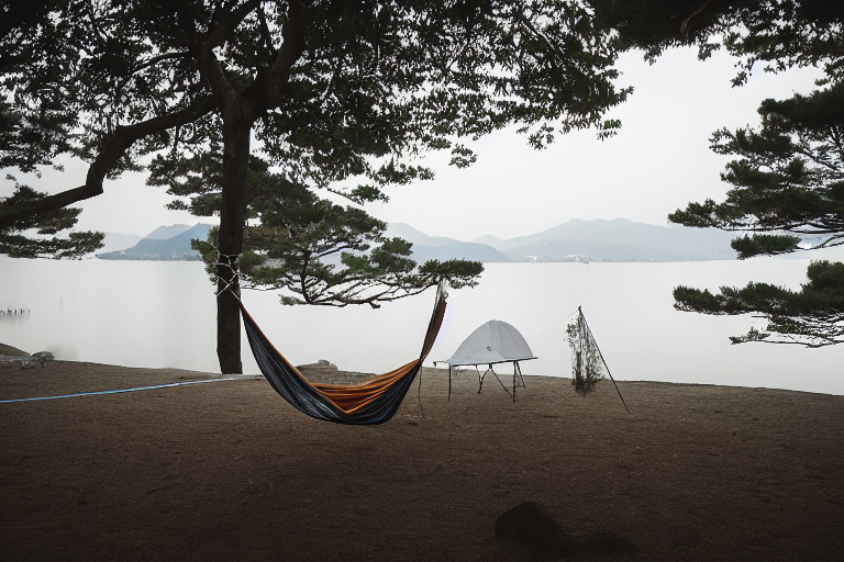 A white tent rests on a paved campsite in Miyajima as the sun sets through the fog. Clothes sway on a nearby line, while a hammock hangs between trees over the rough, stony ground.