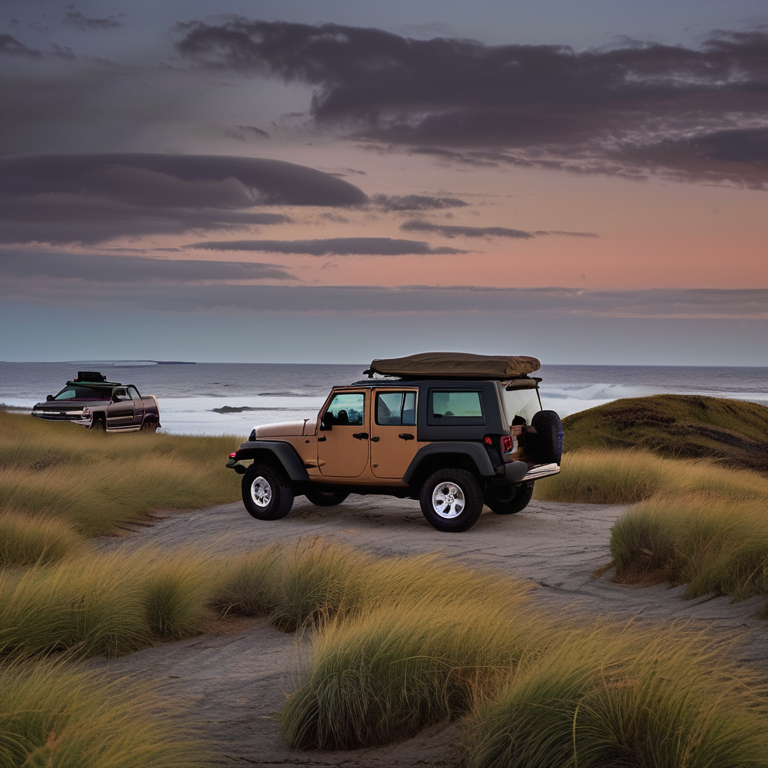 A brown Jeep with its rooftop tent open rests at a quiet Maine campsite at dusk. Snow falls over the grassy ground, while hikers, surfers, and a distant deer add life to the peaceful scene.