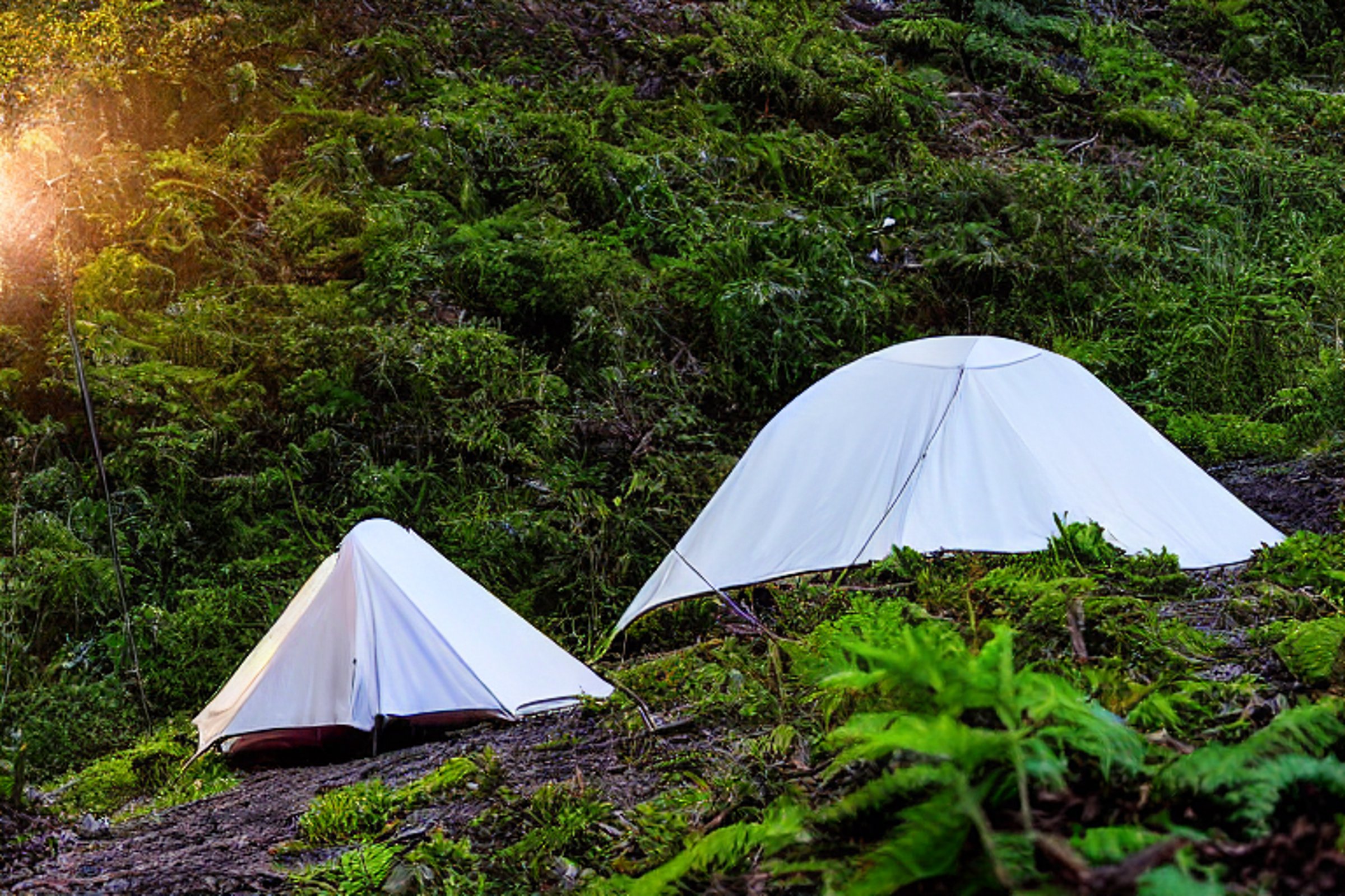 A colorful tent rests on a paved campsite as the sun sets behind the mountains of Soufrière. Ferns and a fallen twig surround the dirt patch, while a distant camper shines a flashlight through the snowy air.