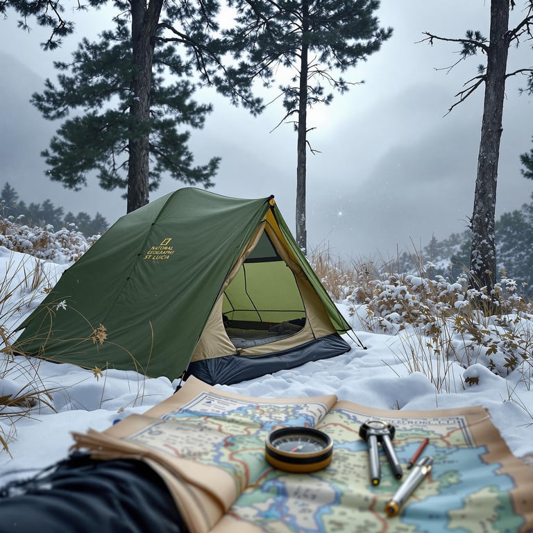 A green and tan tent rests in tall grass and bright flowers beneath a dark, stormy sky. A map and compass sit nearby, while a spider web glistens between the trees.