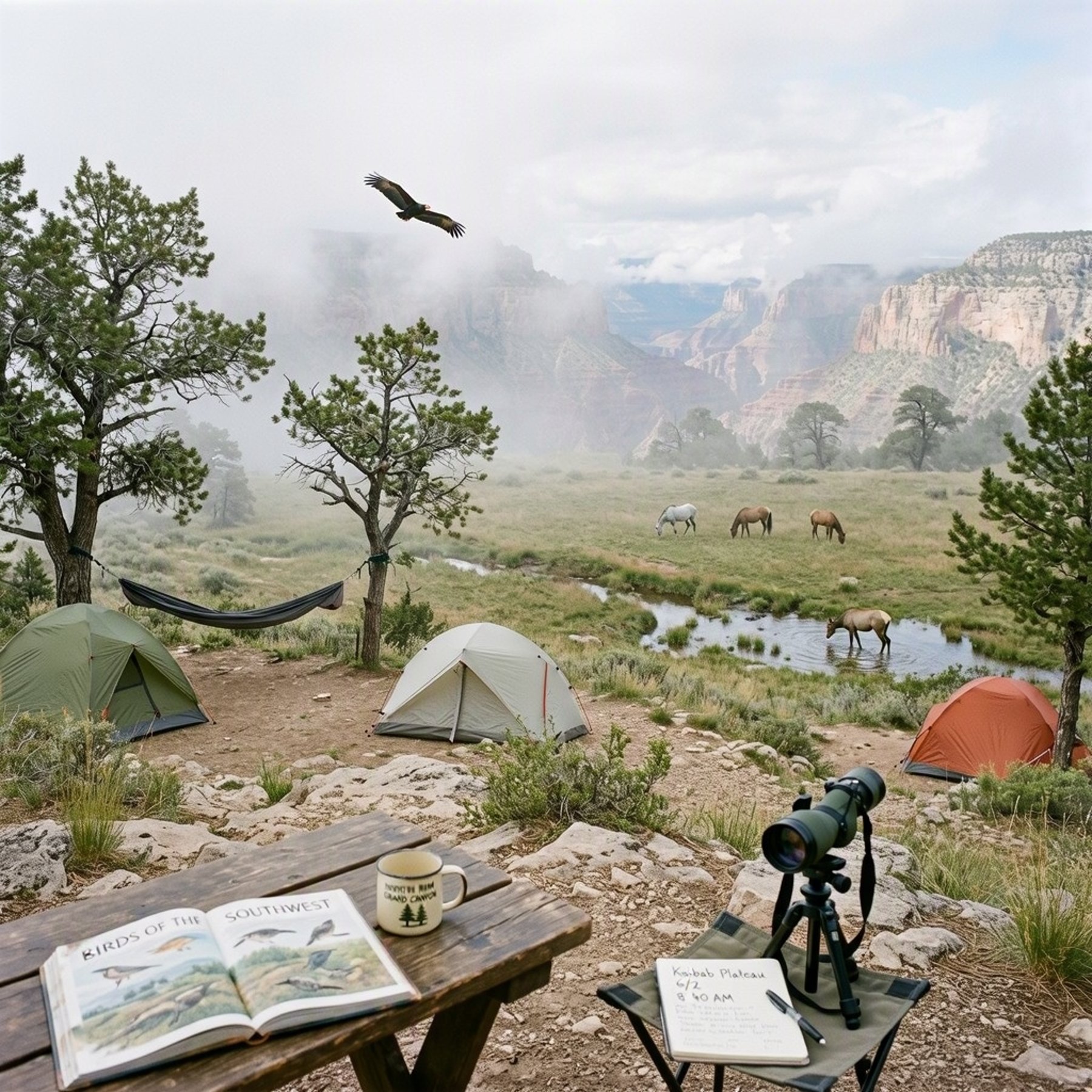 A quiet campsite rests on a grassy hilltop above the misty Grand Canyon. Three tents sit among pinyon pines, with a hammock, field guide, and birdwatching gear nearby. Wild horses graze in the meadow while an elk wades through the creek and a condor glides through the fog.