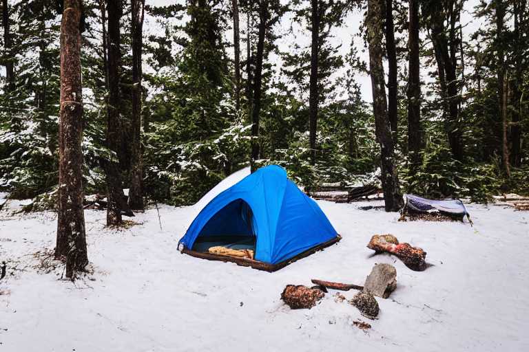 A blue tent rests on a rugged dirt clearing in Hawaii as dusk settles in. A warm campfire glows beside a large log, while a hammock hangs between the trees. Snowy air and patches of stone gravel give the campsite a quiet, magical feel.