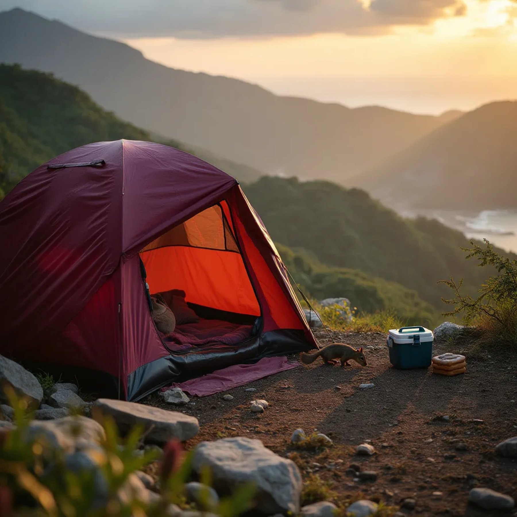 A burgundy tent rests among stones in Soufrière, with green mountains rising behind it at sunset. A cooler sits nearby while a squirrel darts across the campsite, and ancient petroglyphs mark the rocks. Light sleet falls softly from the sky.