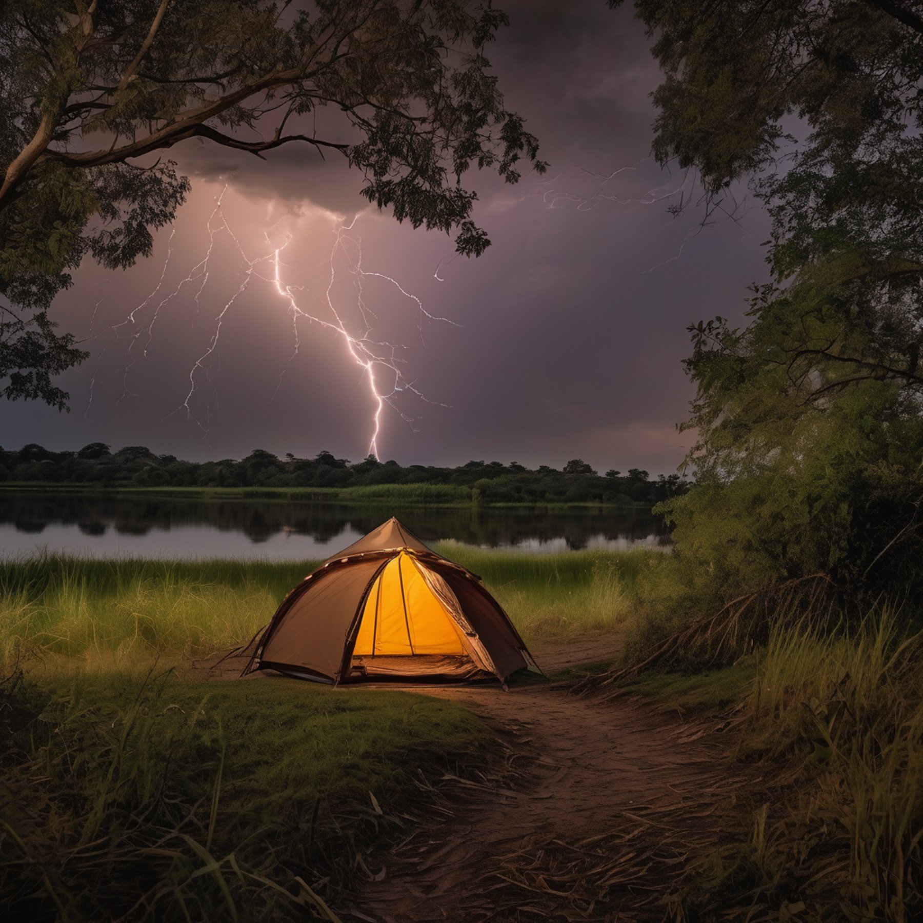 A brown tent rests beside a quiet river at twilight, surrounded by tall grass. A solar lantern and binoculars hang from a nearby tree, while a dirt path leads into the wild. Stormy clouds fill the sky above this peaceful campsite.