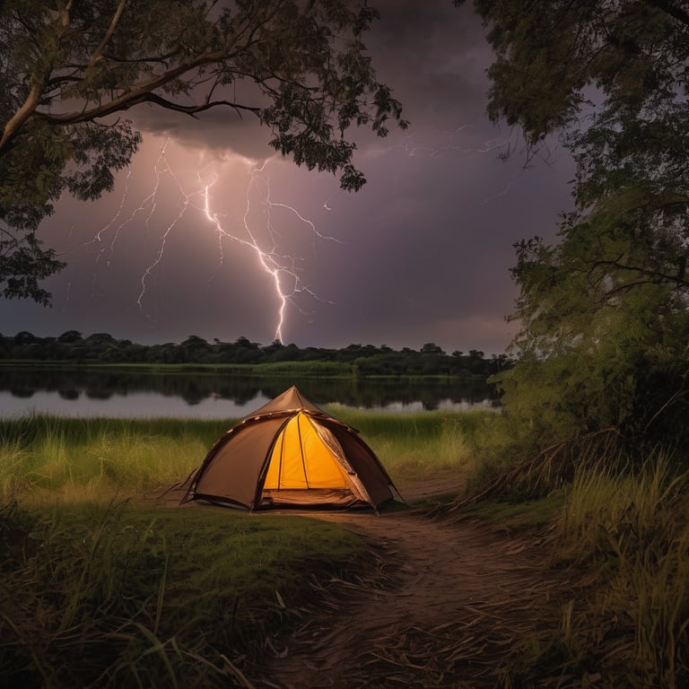 A brown tent rests beside a quiet river at twilight, surrounded by tall grass. A solar lantern and binoculars hang from a nearby tree, while a dirt path leads into the wild. Stormy clouds fill the sky above this peaceful campsite.