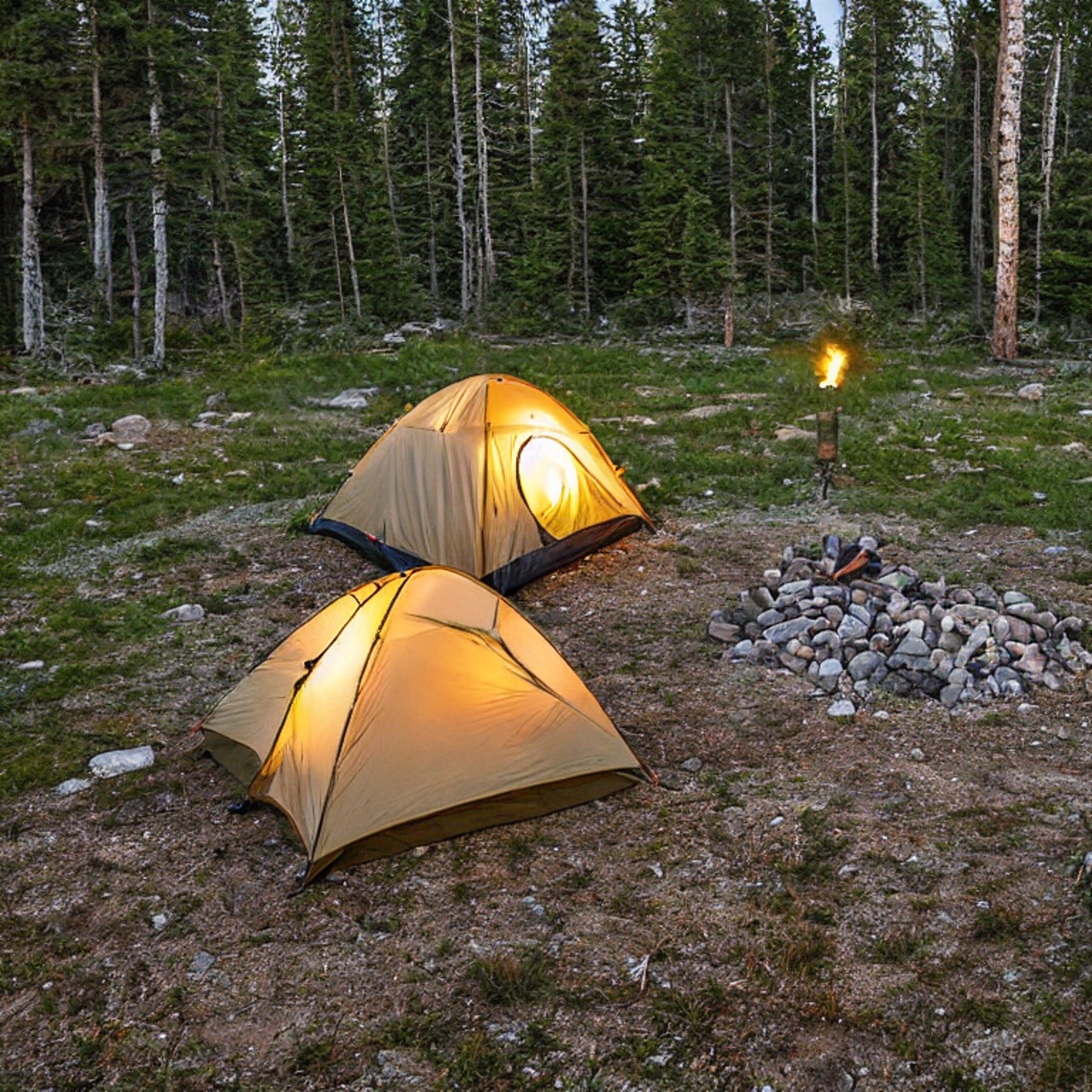 A green and tan tent rests in a quiet Montana campsite under a clear golden sky. A warm campfire glows among logs and large stone slabs, with a lantern nearby.