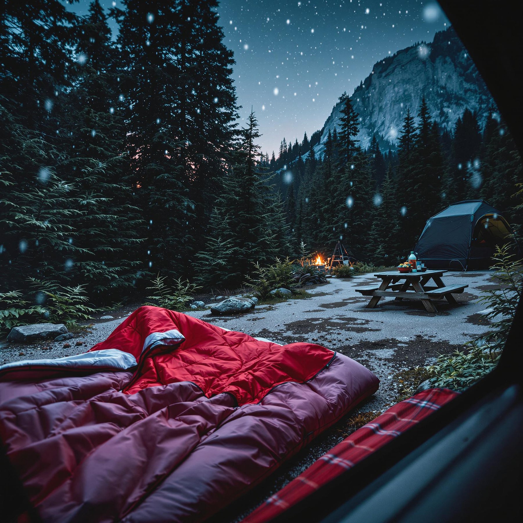 Nestled under a starlit sky, this cozy campsite glows with the warm light of a crackling fire. Surrounded by tall, whispering pine trees and a majestic mountain, it’s the perfect spot for storytelling and marshmallow roasting. The gentle snowflakes add a touch of magic to this peaceful forest retreat.