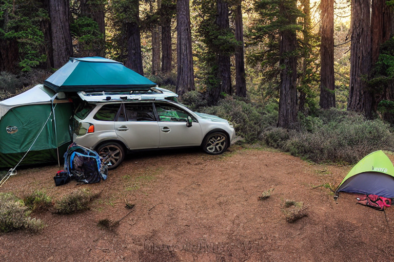 A forest green Subaru sits beneath a glowing rooftop tent in a rainy Big Sur campsite. A small campfire warms the dirt clearing as hikers follow a nearby trail, with misty trees and the ocean beyond.