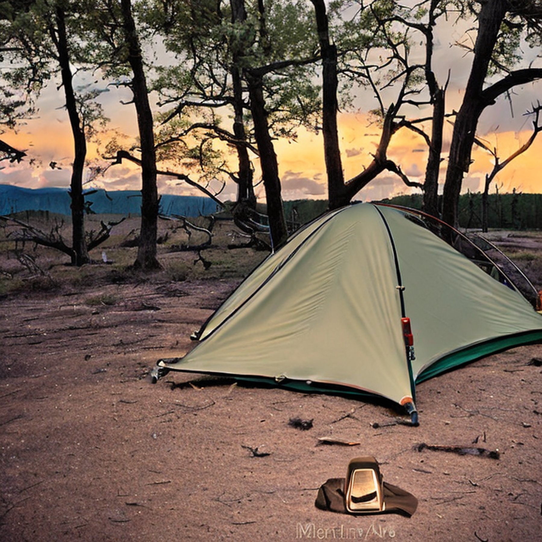 A cozy brown tent rests on a dirt clearing in Big Bend National Park. A campfire glows beneath a stormy sunset, surrounded by mossy trees and camping gear. A lantern and fallen twig add a warm, rustic touch.