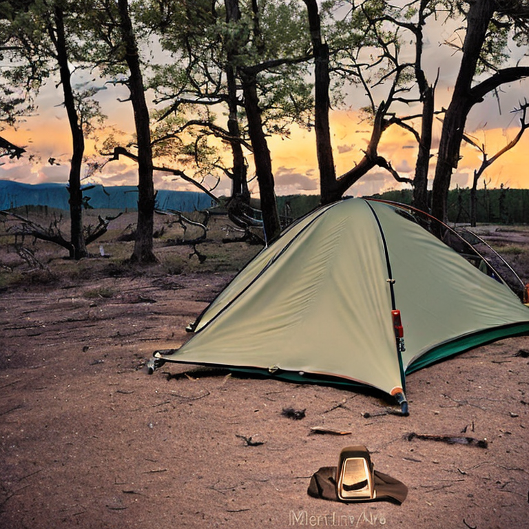 A cozy brown tent rests on a dirt clearing in Big Bend National Park. A campfire glows beneath a stormy sunset, surrounded by mossy trees and camping gear. A lantern and fallen twig add a warm, rustic touch.