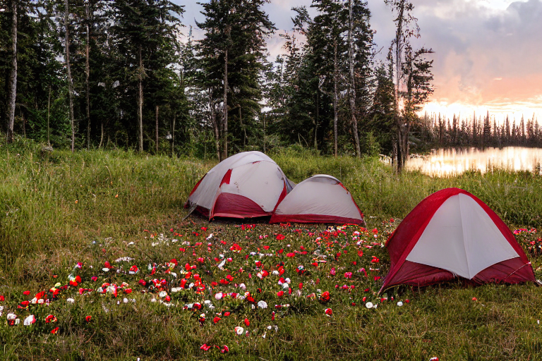 A red and white tent rests beside a crackling campfire near a quiet lake. Rainy sunrise light softens the dirt campsite, with small flowers nearby and a deer standing in the distance.