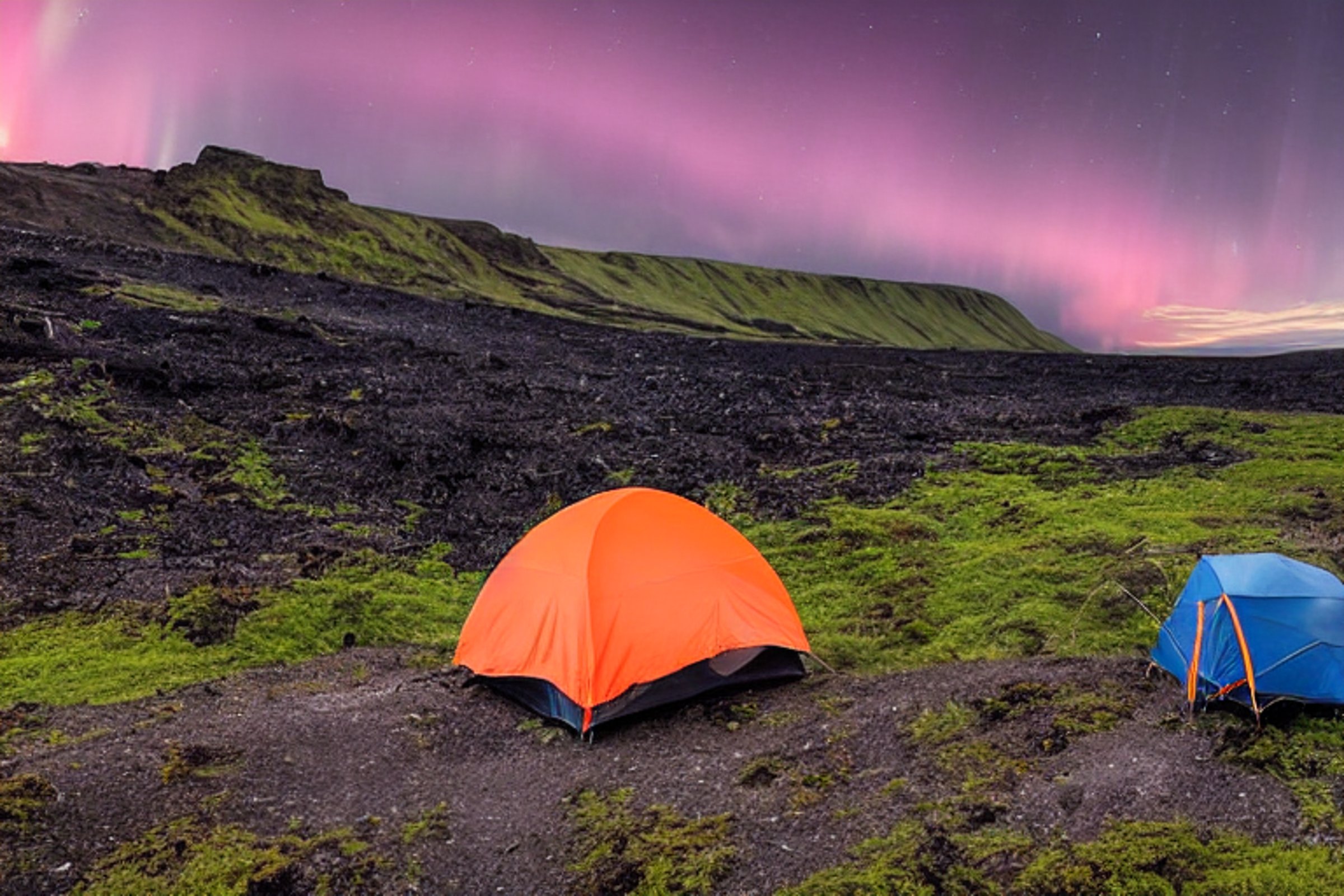 An orange tent rests beside a paved campsite in Iceland under a clear night sky. Bright green auroras dance above the tall grass and berry-covered bushes. A picnic table and dirt path add a cozy touch to the quiet scene.