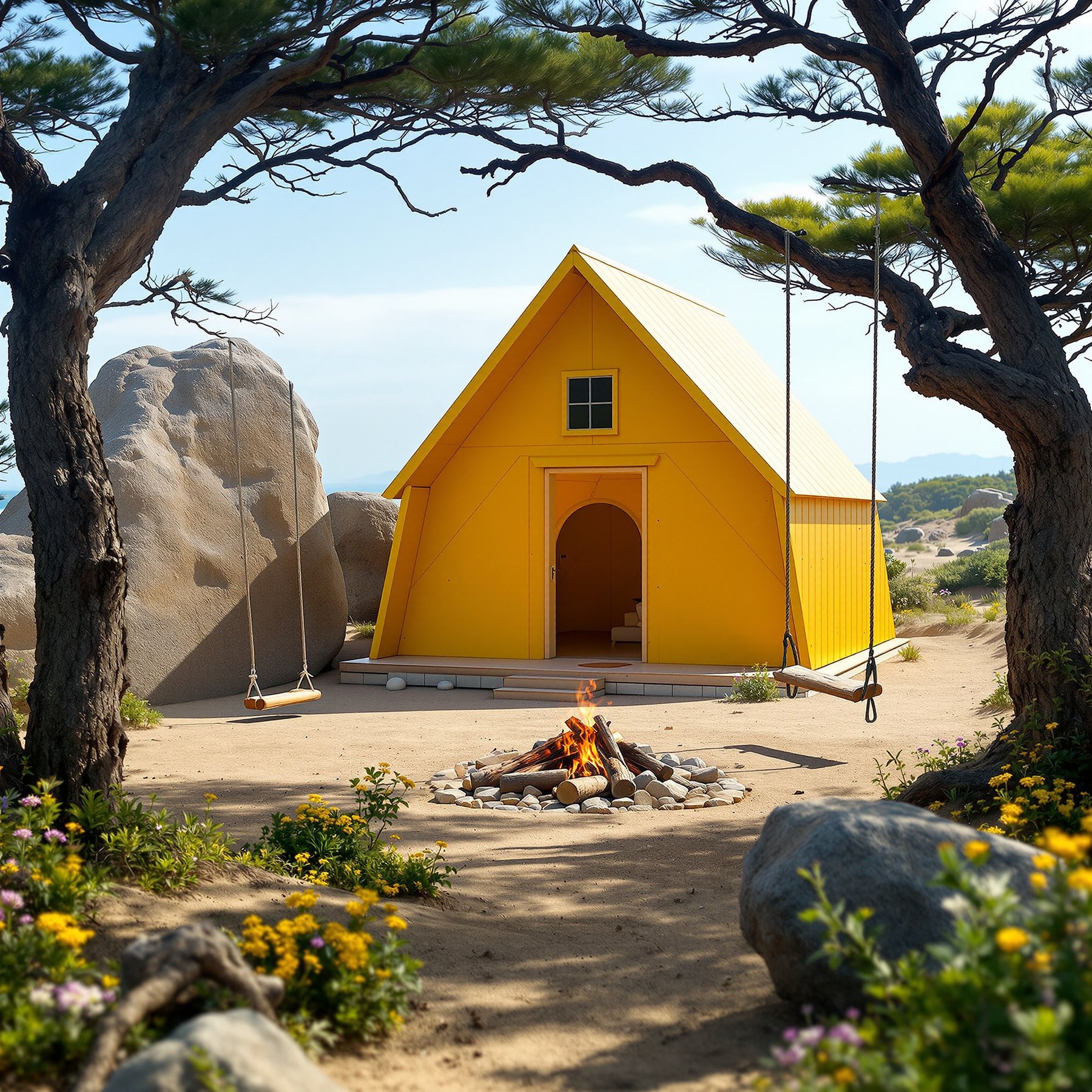 This cozy yellow cabin sits between shady trees and big boulders, with a warm campfire in front. Swings hang from the branches, and wildflowers bloom all around. It’s a peaceful place to play and relax in nature.
