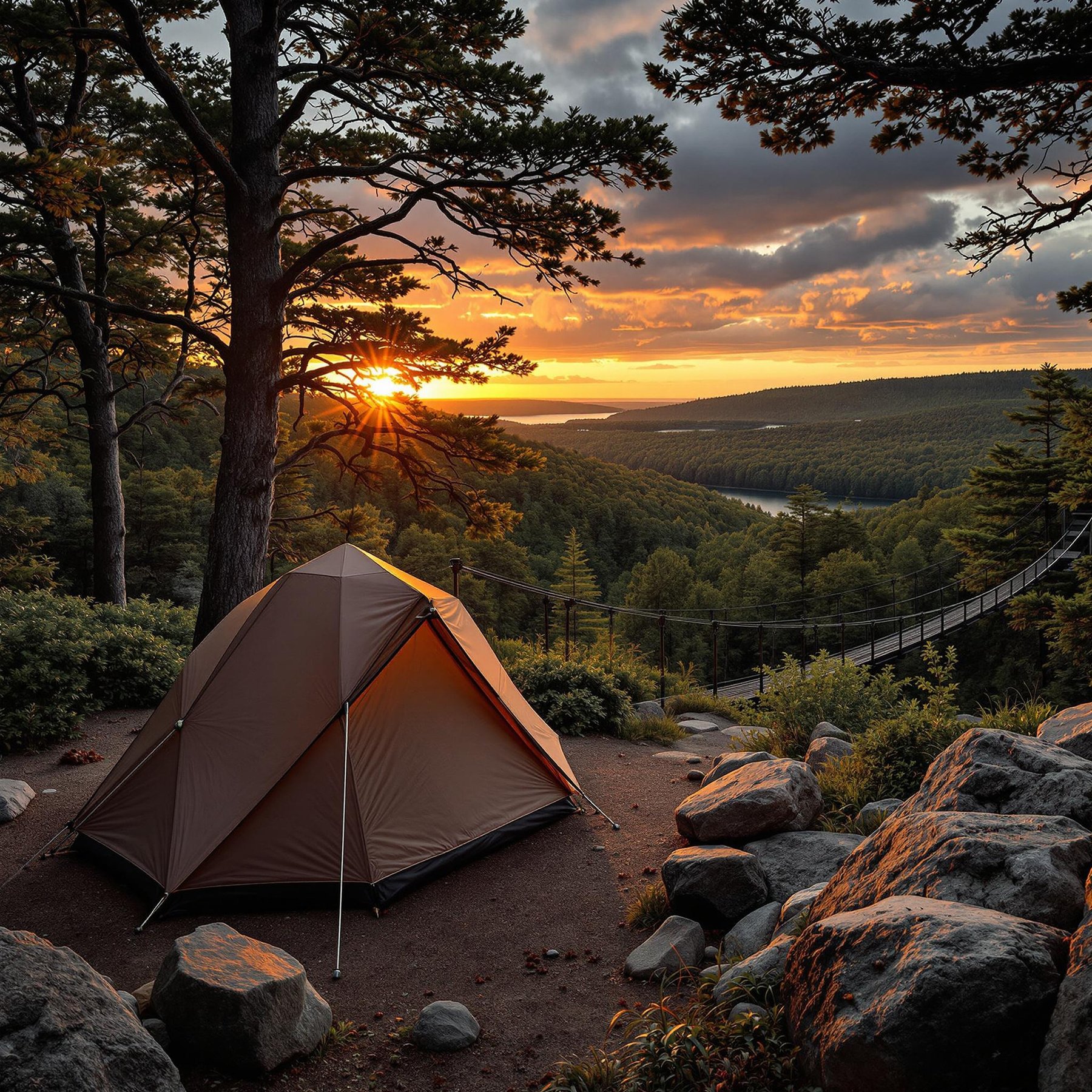 A cozy tent sits under tall trees as the sun sets in a magical display of orange and pink. The campsite overlooks a vast, green forest with a winding river, making it feel like you're on top of the world. A nearby bridge adds a sense of adventure to this peaceful getaway.