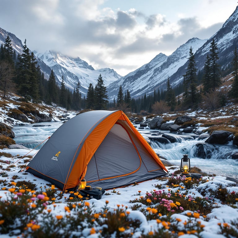 A gray and orange tent rests beside a rushing river, with a small waterfall nearby. Mountains rise in the distance under a partly cloudy sky, while wildflowers and a camping lantern add a warm touch.