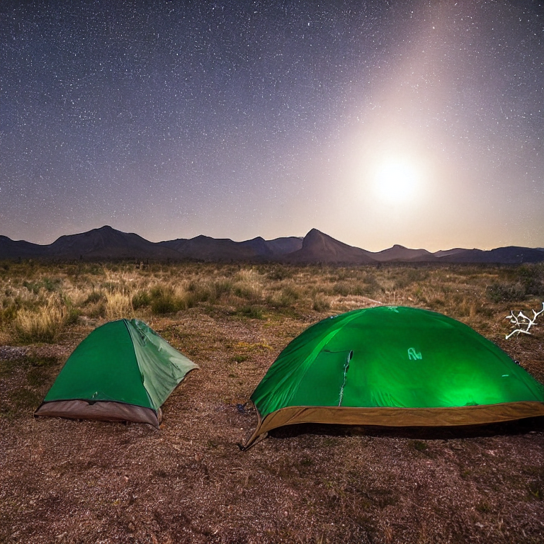 A green and tan tent rests beside a glowing campfire in the quiet New Mexico desert. A starry, cloudy sky hangs over the mountains, while a deer stands far in the distance. Large stone slabs and a backpack add a cozy, rugged touch to the campsite.