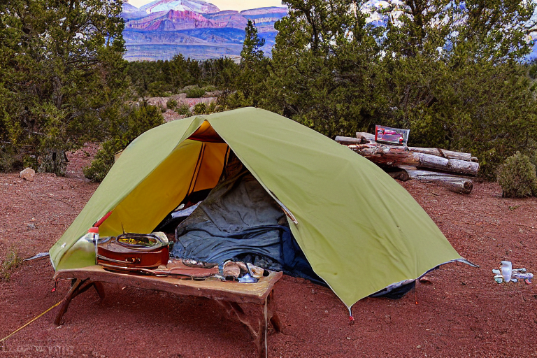 A colorful tent rests on a quiet paved campsite beneath a clear sunset sky. A warm campfire glows beside a wooden guitar, with tall mountains rising in the distance.