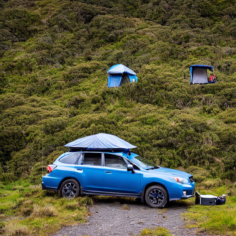 A cozy campsite rests beneath the tall mountains of Mount Cook National Park. A blue-gray Subaru with its rooftop tent open sits beside a glowing campfire, while ferns and a backpack lie nearby. Soft clouds and dusk light create a calm, peaceful mood.